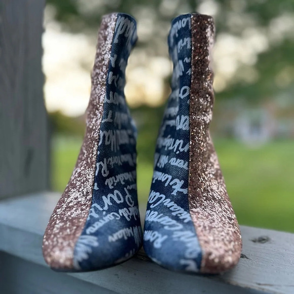 YOKI Willen Rose Gold Glitter Denim Graffiti Cylinder Heel Zip Ankle Boot 7 WILD - Picture 5 of 14